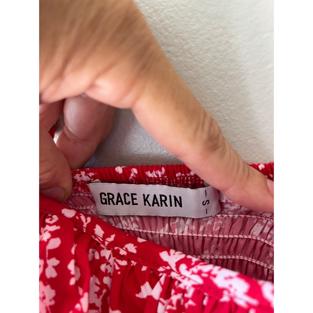 Grace Karin Sz S Oversized Midi Red Floral Tank Dress Stretch Pleated Lined - Picture 3 of 7